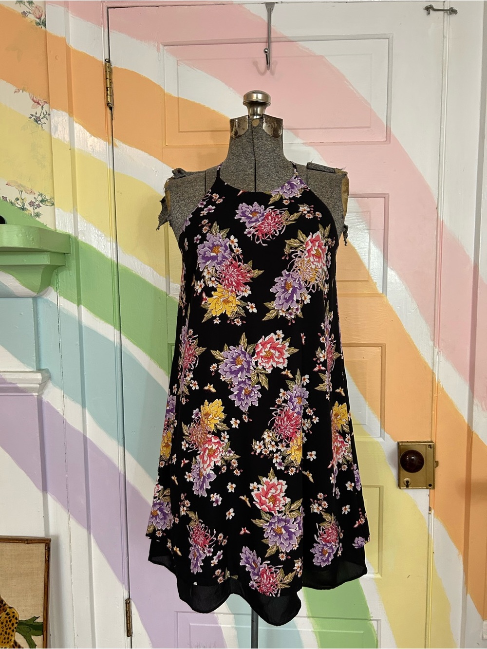 Women’s Floral Rose Mini Dress Black Pink Purple Sleeveless A-Line Size S 👽💚
